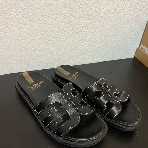 Sam Edelman Black Slide Sandals with Gold Accents - Picture 3 of 4